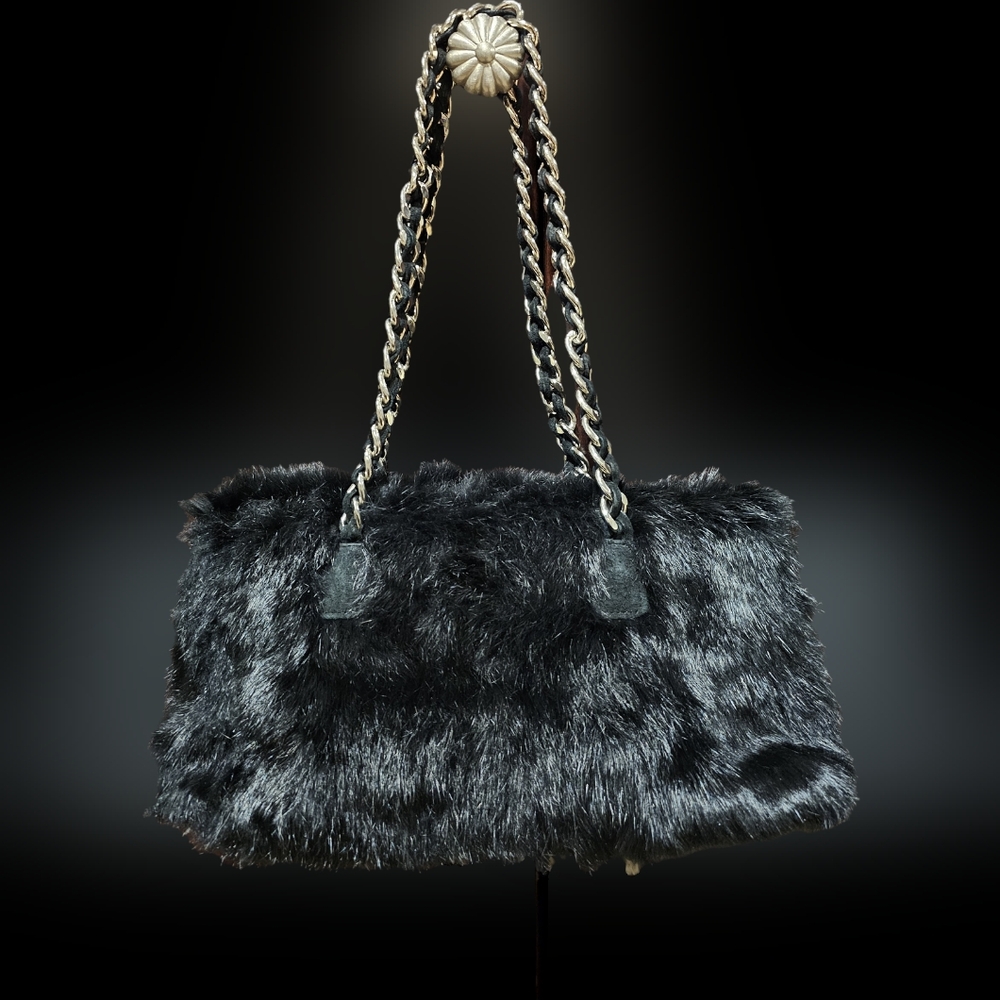 WILSONS LEATHER Maxima Real Rabbit fur Small Purse with Gold Chain.
